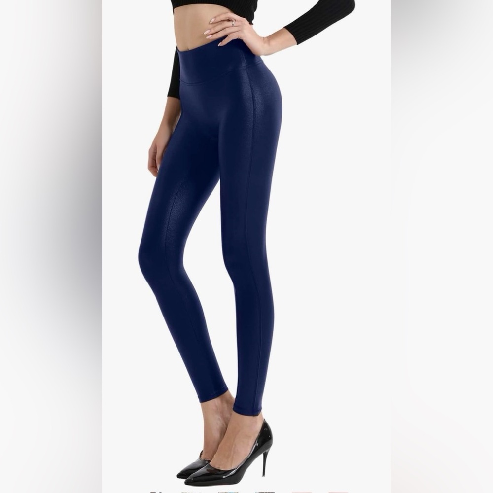 NWT RETRO GONG High-Waisted Soft & Stretchy Faux Leather Leggings XL Navy Blue